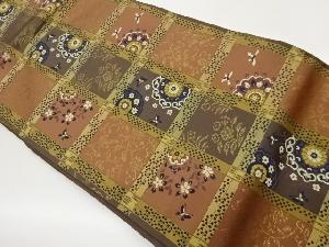 格子に華紋・花々模様織出し名古屋帯